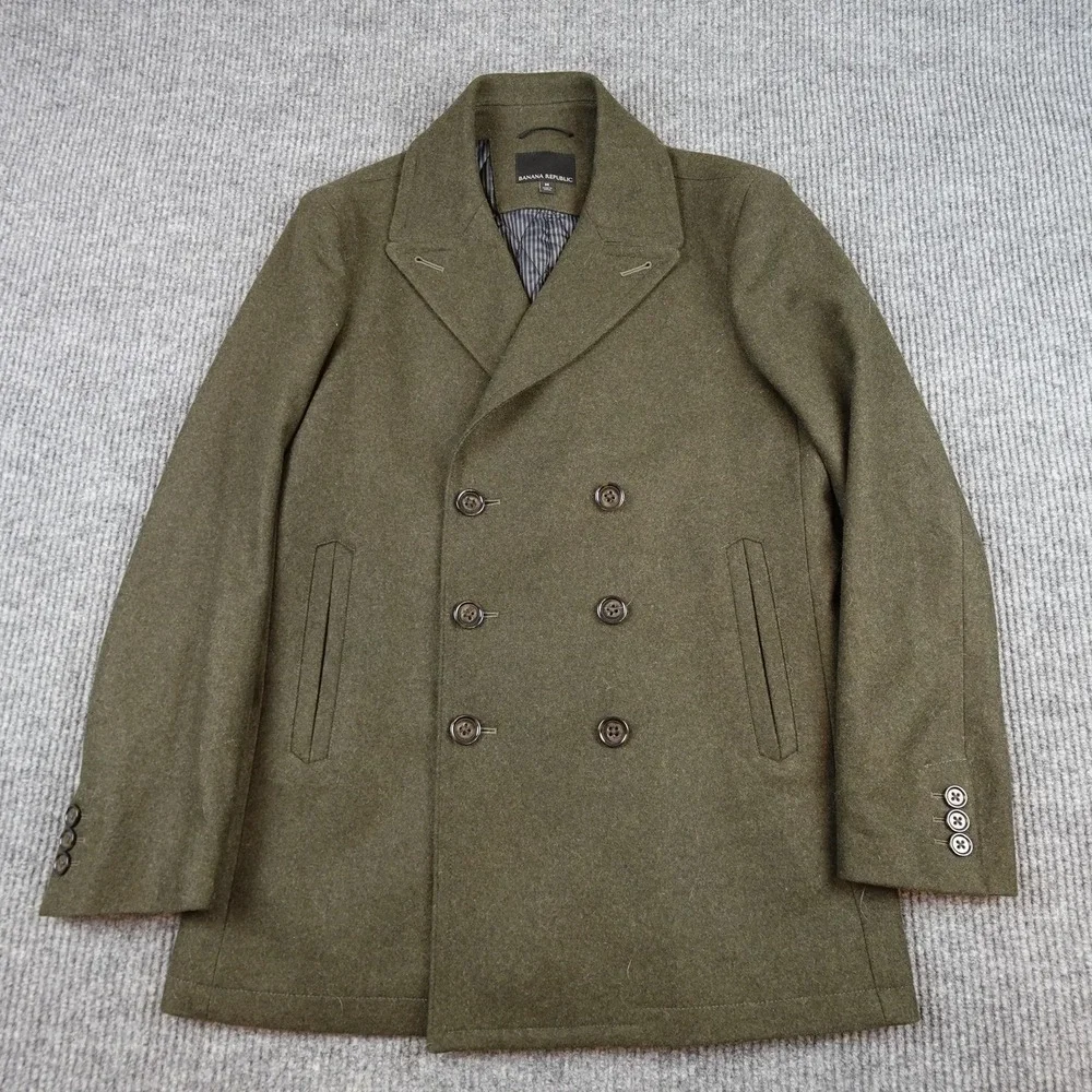 Banana Republic Mens Pea Coat Medium Green Wool Cashmere Double Breasted Quilted